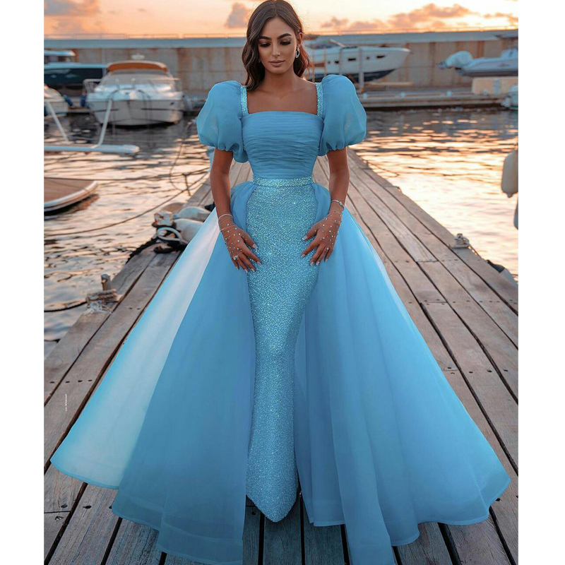 Puff Sleeves Mermaid Prom Dresses With Detachable Skirt 2024 Sparkly Light Sequined Evening Formal Gowns Open Back Charming or Length Special Dress