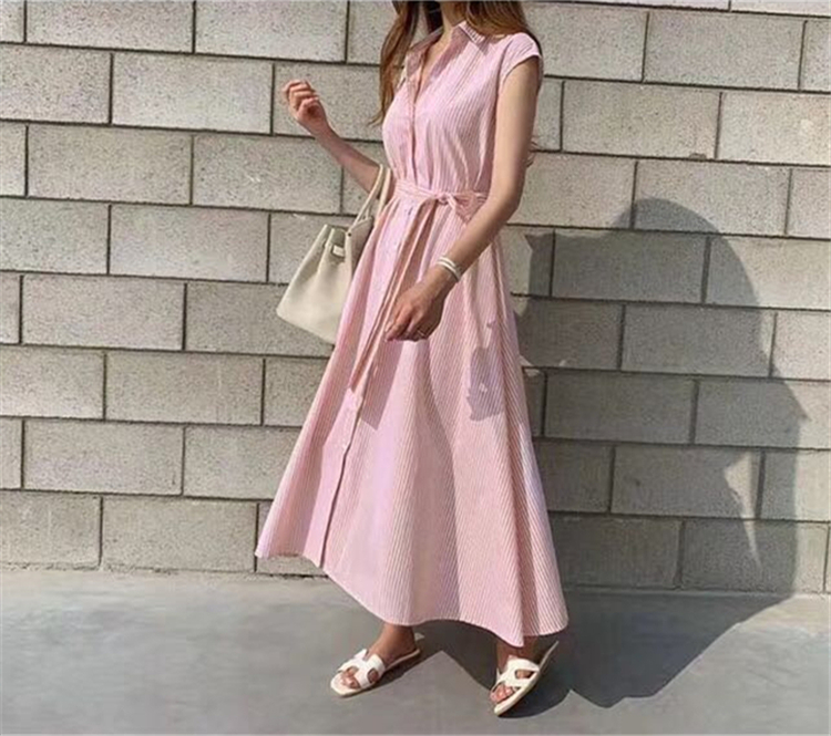 Colorfaith New Women Spring Summer Shirt Dress Multi Colors Casual Sleeveless Striped Oversize Lace Up Long Dress DR1970 210309