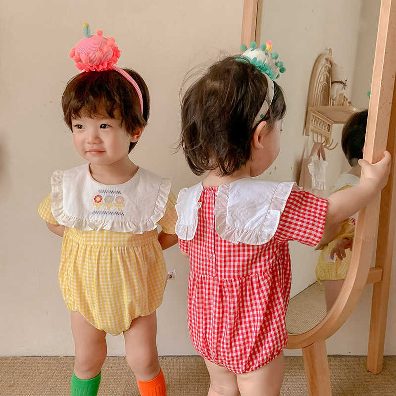 Baby Girl Boutique Romper born Korean Embroidery Flower Jumpsuit Infant Baptism Rompers Toddler Cotton Christening Clothes 210615