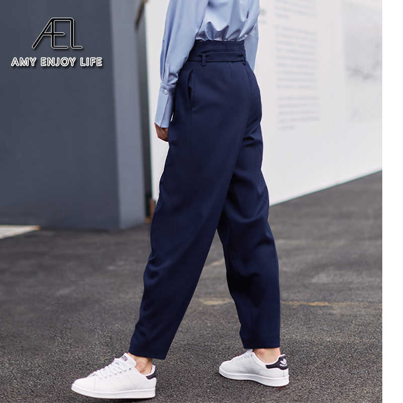 AEL navy blue suit pants woman high waist loose casual sashes office ladies long autumn 211115
