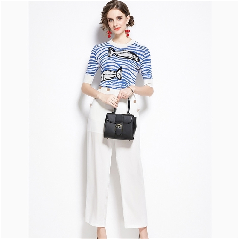 Women Trouser Set Two Piece Elegant Office Lady Outfit Embroidery Fish Knitted Pullover Wide-leg Pants Business Suit 210602, Blue
Women Trouser Set Two Piece Elegant Office Lady Outfit Embroidery Fish Knitted Pullover Wide-leg Pants Business Suit 210602, Blue