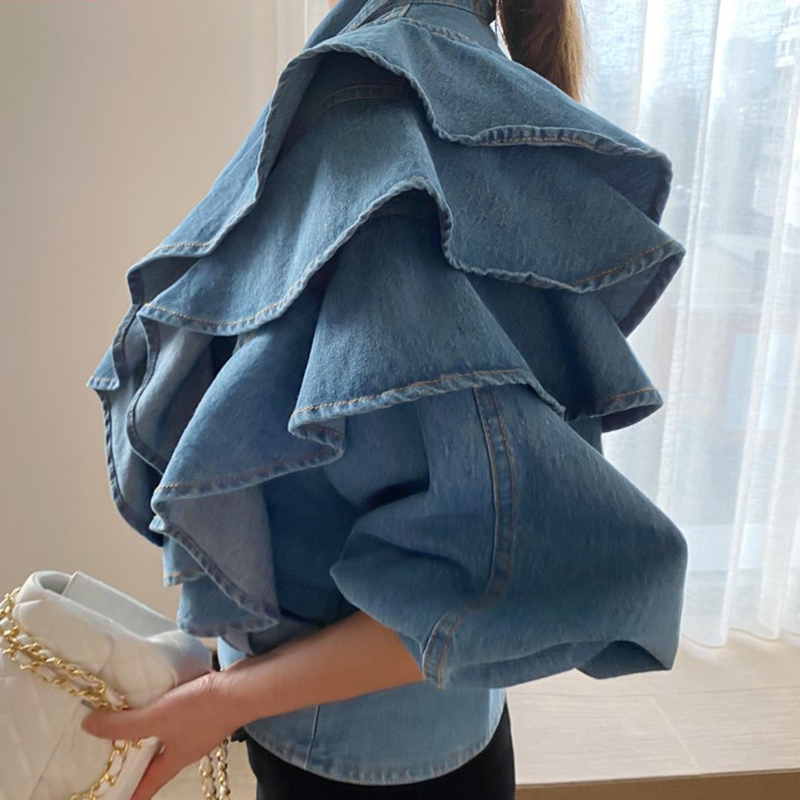 TWOTWINSTYLE Patchwork Ruffle Tunic Shirt For Women V Neck Half Sleeve Denim Blouse Female Fashion New Clothing Autumn Tide 210225