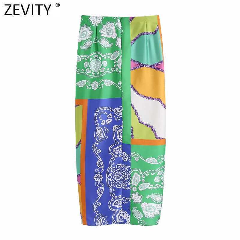 Zevity Women Vintage Cloth Patchwork Floral Print Knotted Sarong Skirt Faldas Mujer Female Back Zipper Chic Slim Vestidos QUN790 210619