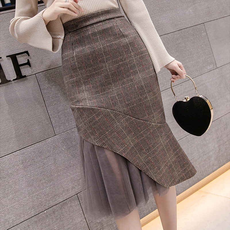 Women Skirts Woolen Midi Plaid Skirt Autumn Winter Vintage OL Office lady Mesh stitching High Waist Skirt 210309