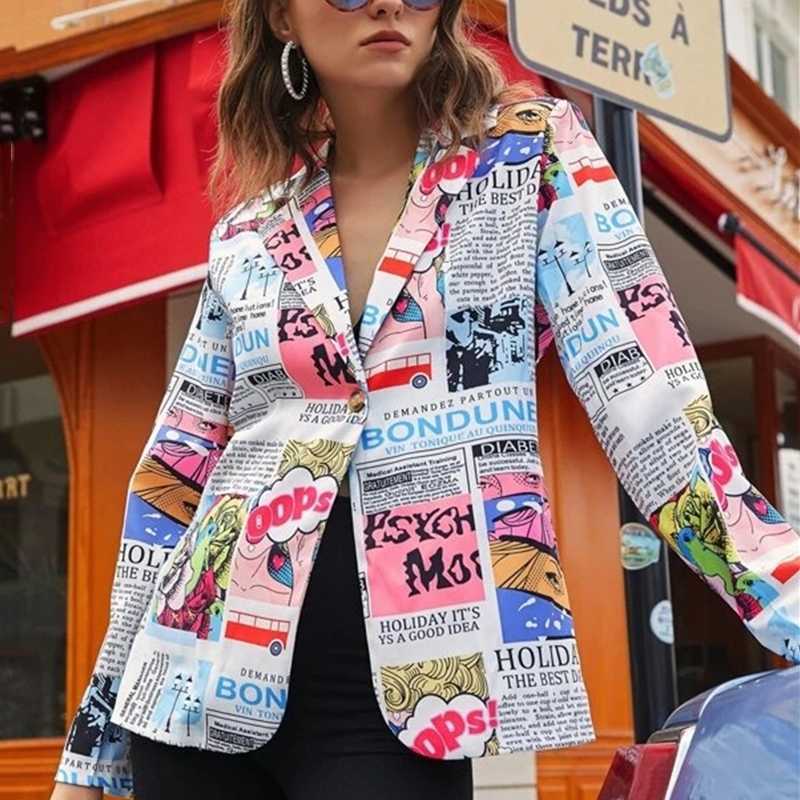 2021 Original Design Fashion Blazers Newspaper Print HighStreet Tops Women Slim Unique Clothes Spring Autumn Temperament Outwear X0721