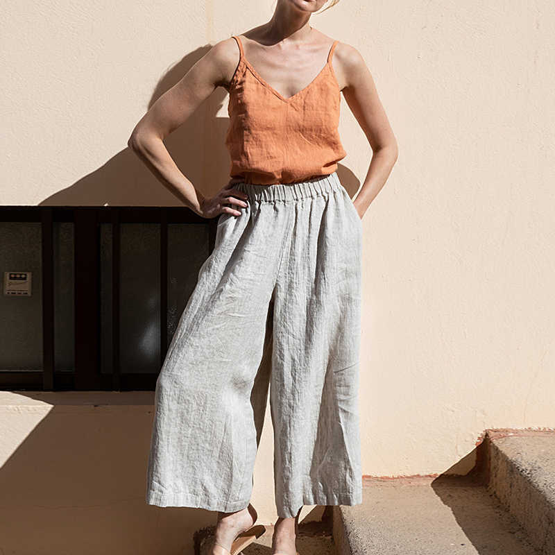 Johnature Linen Women Spaghetti Strap Vest Summer Vintage Loose All Match Simple 5 Colors Female Tops 210625