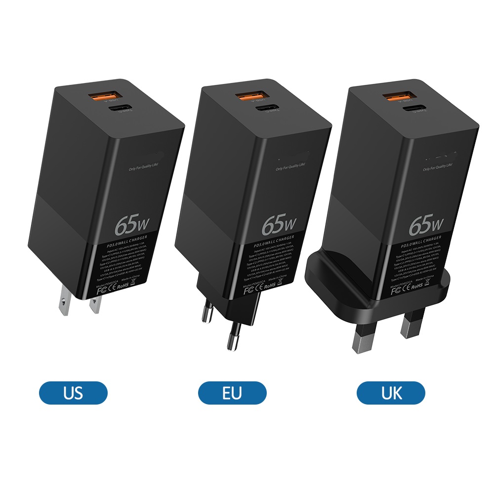 65W GaN PD Charger Quick Charging Port USB C Dual Ports with Fast QC30 Wall Adapter for Smart Phone Tablets