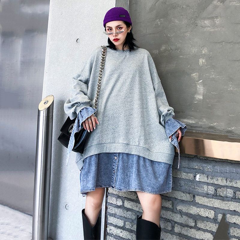 [EAM] Loose Fit Black Denim Irregular Long Sweatshirt New Round Neck Long Sleeve Women Big Size Fashion Tide Spring 1Y706 201030