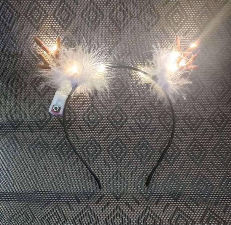LED Fluffy Feather Antlers Headband Christmas Glowing Light Up Flashing Deer Ears Hairband Costume Fancy Cosplay Party Decor with battery