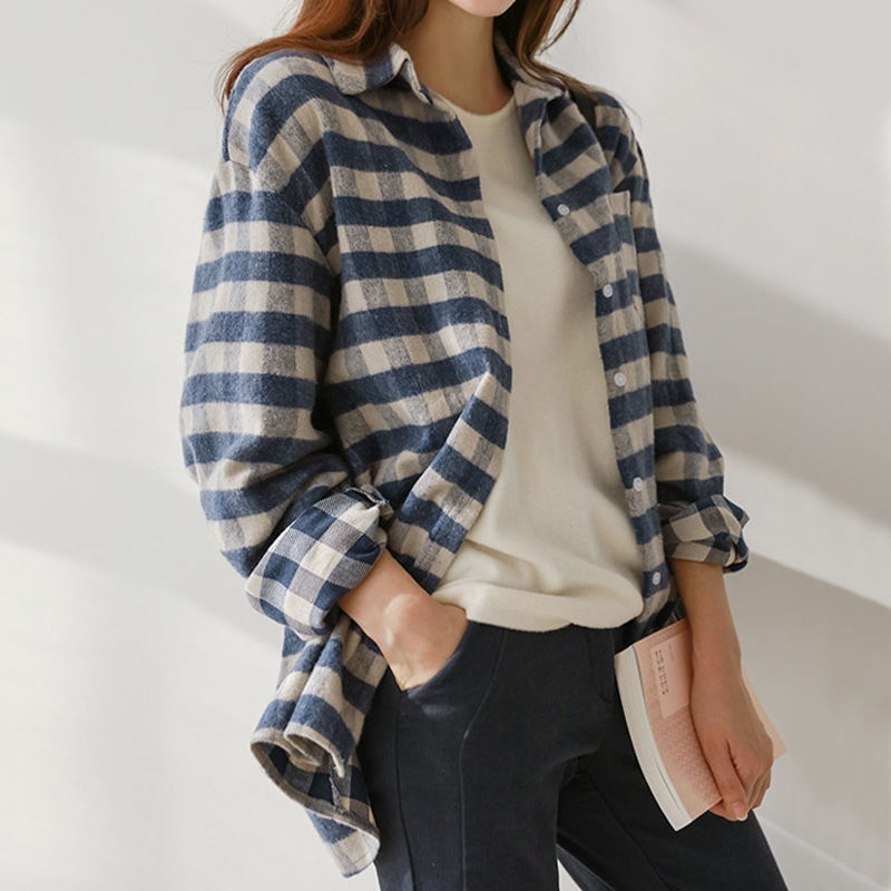 New Arrival Spring Fashion Women Long Sleeve Shirt Preppy Style Turn-down Collar Loose Plaid Blouse Casual Ladies Tops D222 210225