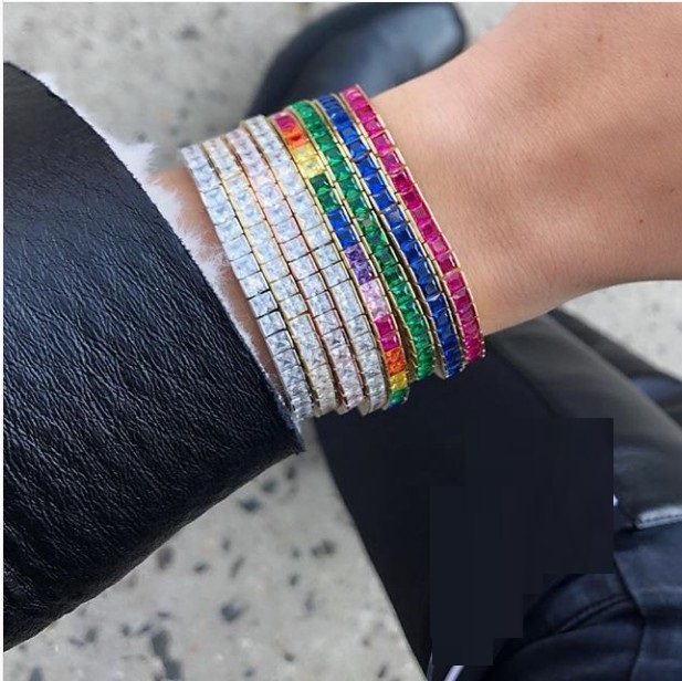 2021 new shiny cz fine fashion bracelet rainbow colorful square cz tennis chain gorgeous trendy baguette cubic zirconia bracelet