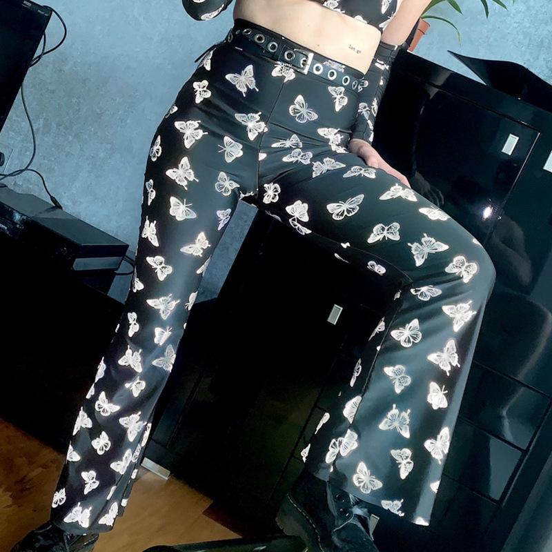 2021 Autumn Butterfly Reflective Boot Cut Long Pants Women Casual High Waisted Trousers Lady Flare Pants Streetwear Casual Pant