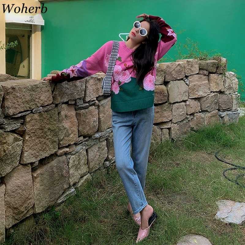 Woherb Flower Embroidery Sweaters Sweet Cute Korean Fashion Clothing Women Pullover Knitwear Autumn O-neck Vintage Jumper Tops 211014
