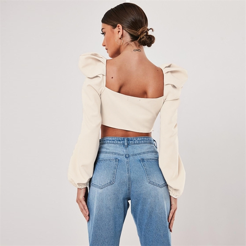 Euro American summer women's style bubble sleeve square neck shrug short open back long sleeve T-shirt 210602