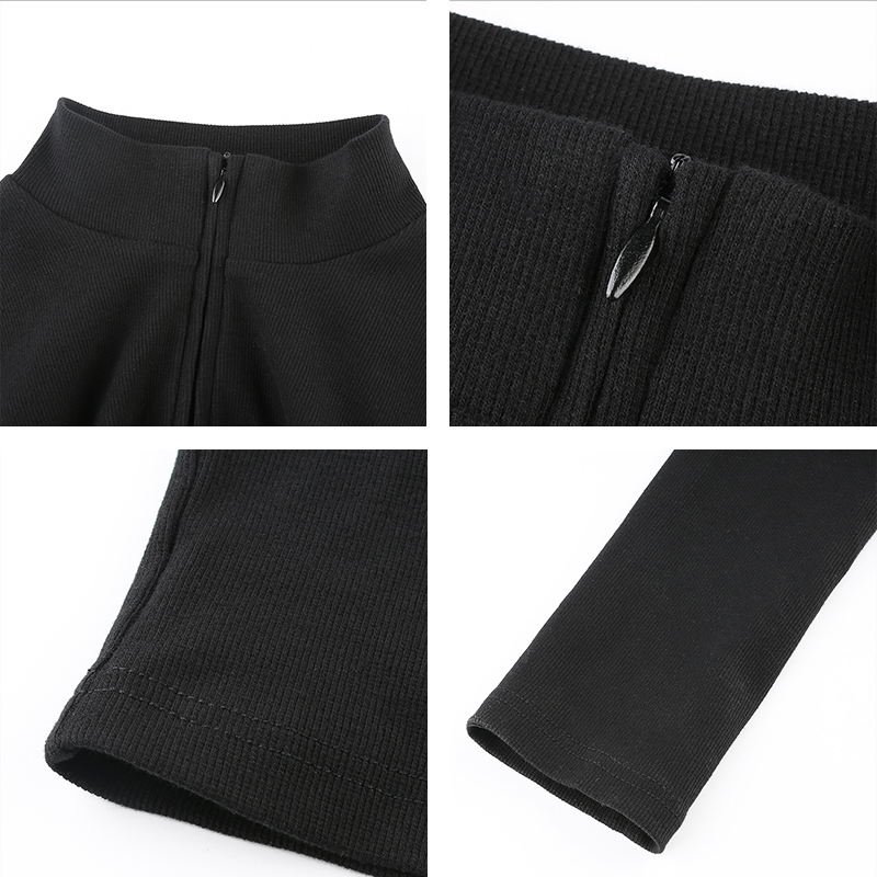 Rapwriter Casual Solid Middle Zipper Knitted Ribbed Turtleneck T-Shirt Girl Autumn Long Sleeve Hole Stretch Crop Tee Shirt 210302