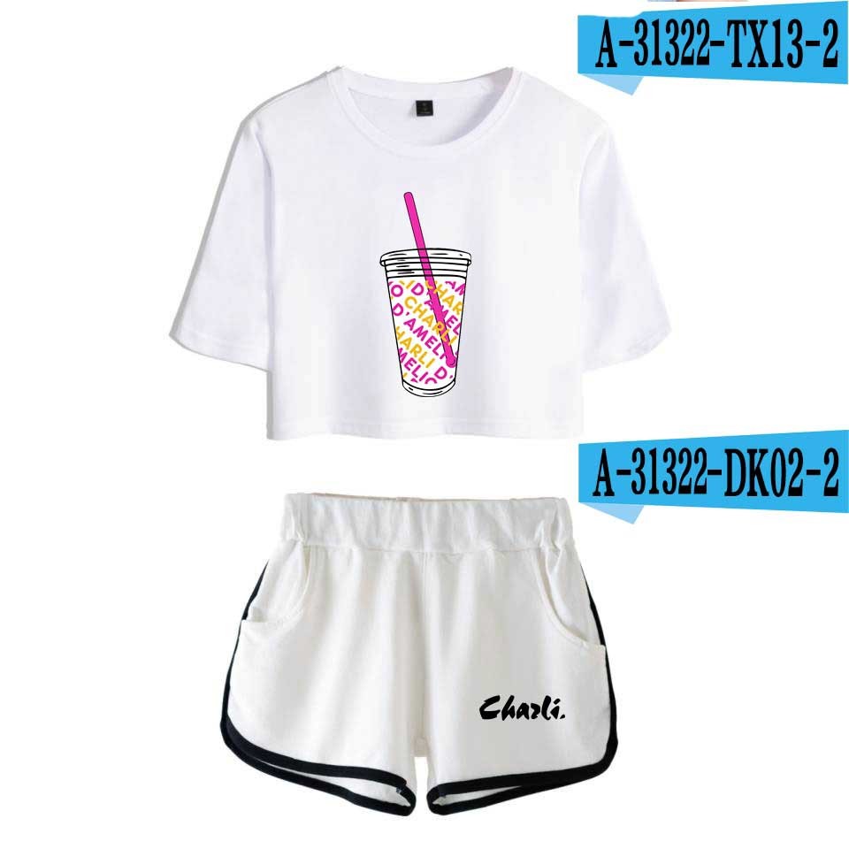 Rholycrown Women's Two Piece Shorts Cute T-Shirt Haruku Print Wer Ice Coffee Splash Charli Damelio Girl Set 210302
