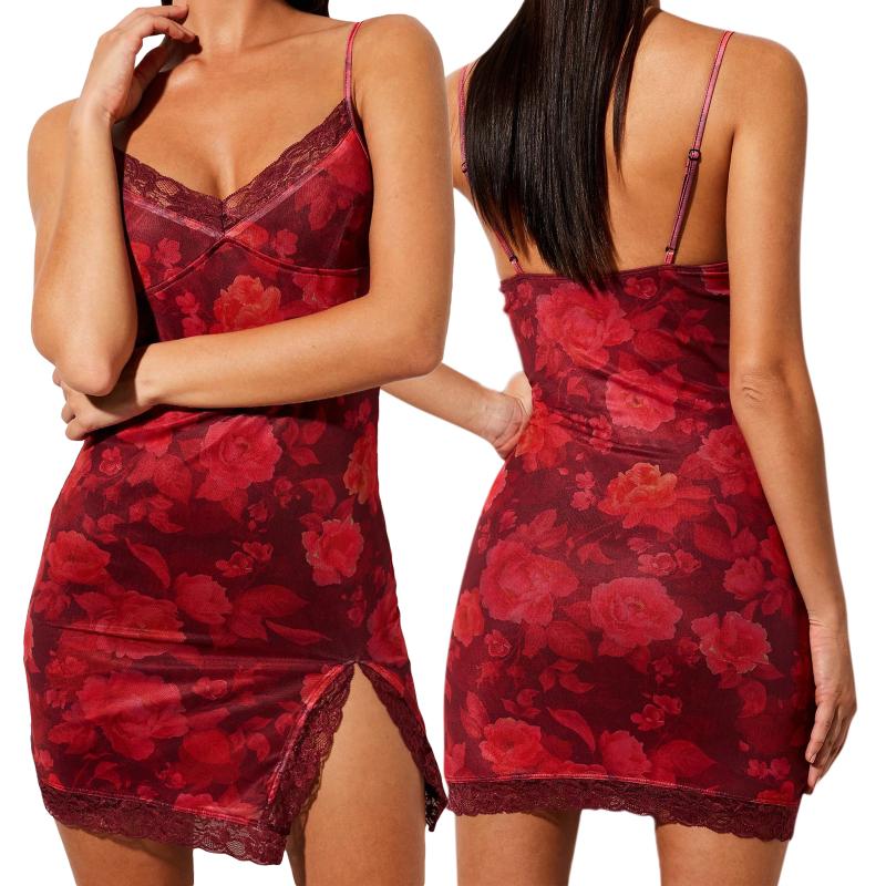 Sexy Women's Bodycon Mini Dress Retro Floral Print Sleeveless Spaghetti Strap V Neck Lace Trim Cami Dress New Fashion 2021