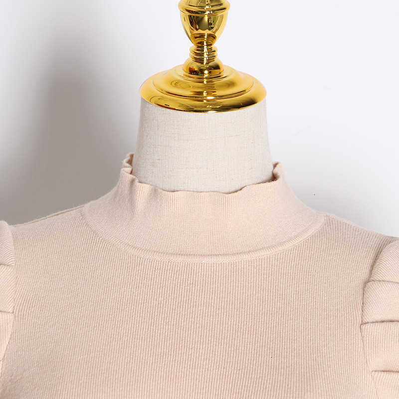 Spring Solid Puff Long Sleeve Femme Robe Simple Slim Bodycon Elegant Women Dresses Half High Collar Knitted Vestidos 13A143 210525