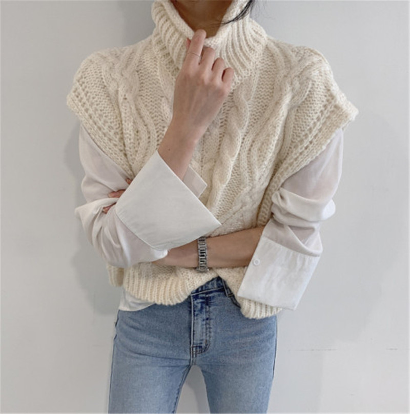 Autumn Winter Turtleneck Sleeveless Sweater Vest Women Fashion Twist Pattern Short Pullover Waistcoat Casual Loose Knitwear Tops 210218