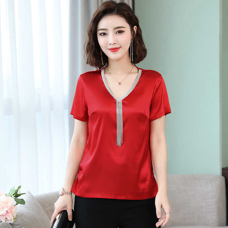 Womens Tops and Blouses OL Silk Blouse Summer Basic Satin Office Lady Shirt Work Wear Blusas Feminina Shirts Plus Size 4XL 210531