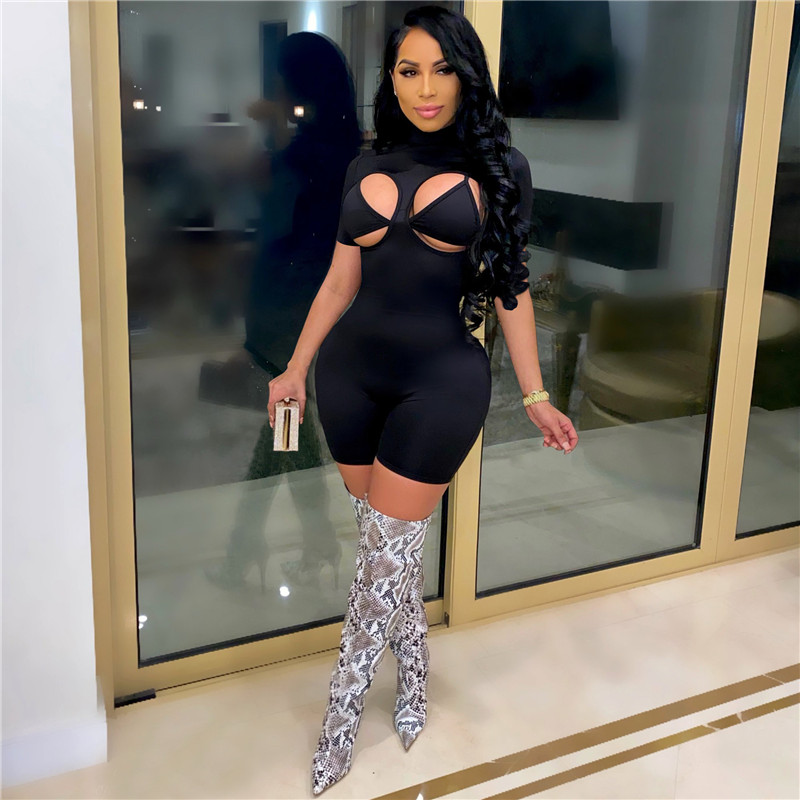 Women night club wear sexy short sleeve dress black skinny miniskirt solid color one-piece dress hollow out package hip skirt 4533