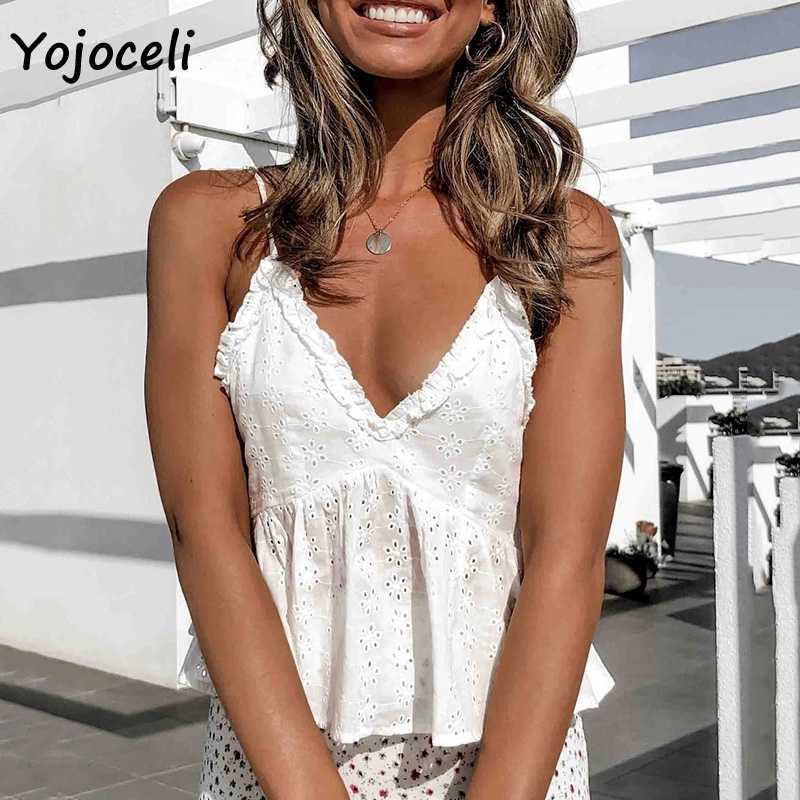 Yojoceli cute cotton embroidery camis top hollow out ruffle camisole shirt 210609