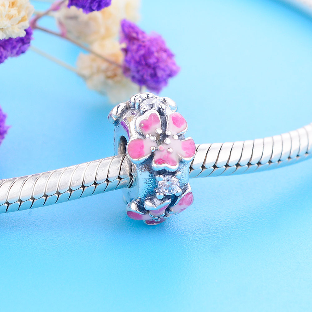 Fit Original Pan Charm Bracelet Authentic 925 Silver Pink Enamel Flower Spacer Bead For Making Women Summer Berloque