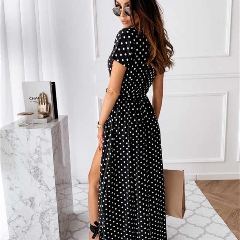 Women Dresses Summer Fashion Polka Dot Split Boho Dress Casual Beach Vacation Long Vestido De Mujer YS9885 210623