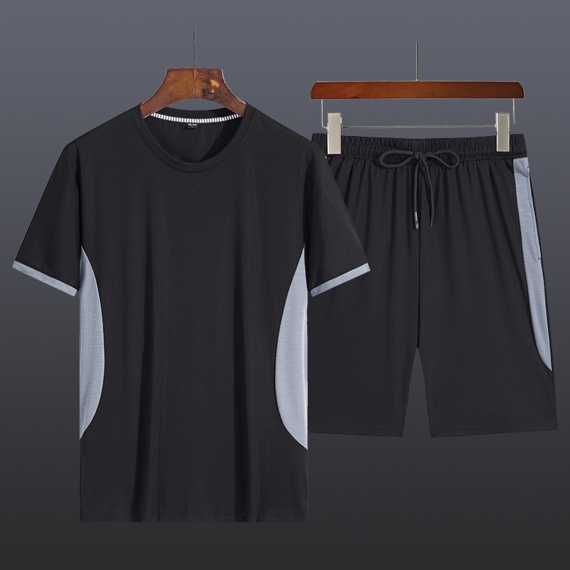 Men Summer Casual Set Fashion Patchwork Sportswear Suit Short Sleeved Tshirt+Shorts Hip Hop Street Jogging Male Tracksuit 2 PCS 210603