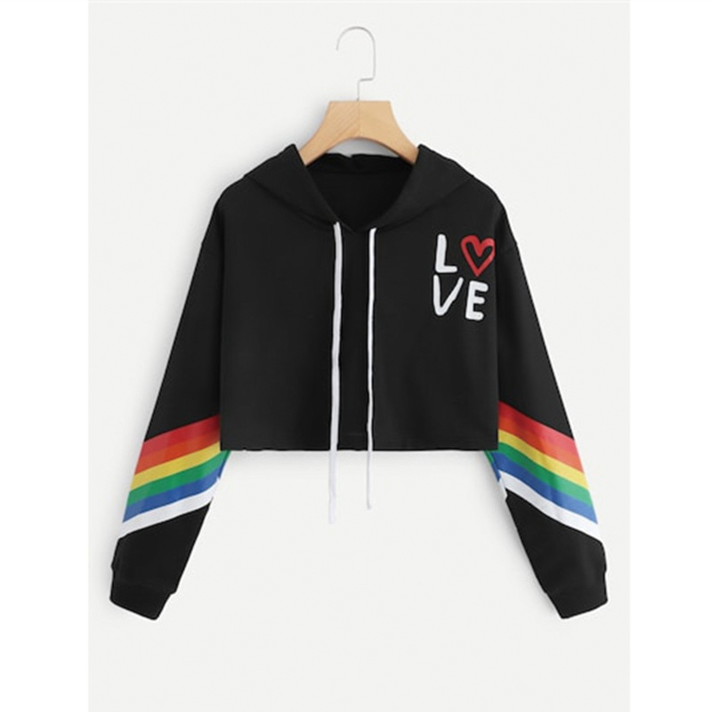 QRWR Autumn Sweatshirt Women Fashion Rainbow Love printing Casual Long Sleeve Hoodies Loose Short Hooded Women Swatshirt 201202
