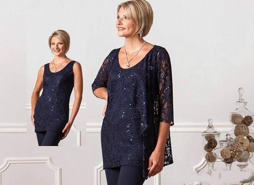 Vintage Navy Blue Formal Mother Of Bride Groom Pant Blouse Suits with Jacket Crew Long Sleevs New Plus Size Evening Dresses