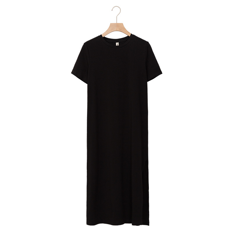 Casual Women Split Long Dress O-neck Short Sleeve Solid blue Summer Cotton T shirt Dress Sales M30465 210303