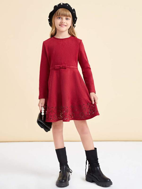 Girls Laser Cut Bow Front Dress SHE