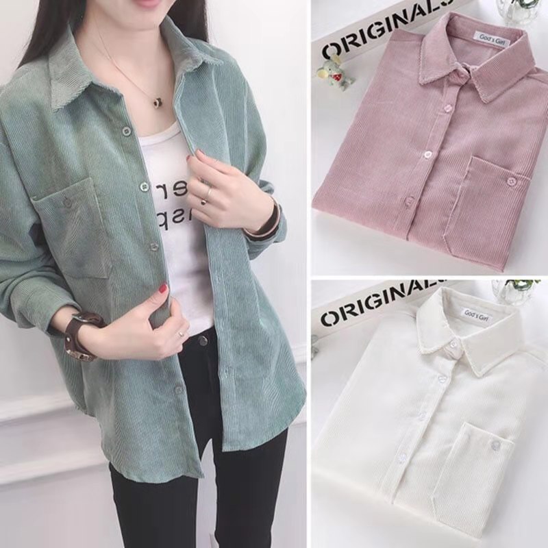 2021 New Korean Style Women Blouse Spring Autumn Corduroy Shirts Single Breasted Pocket Design Long Sleeve Loose Student Shirt, White
2021 New Korean Style Women Blouse Spring Autumn Corduroy Shirts Single Breasted Pocket Design Long Sleeve Loose Student Shirt, White