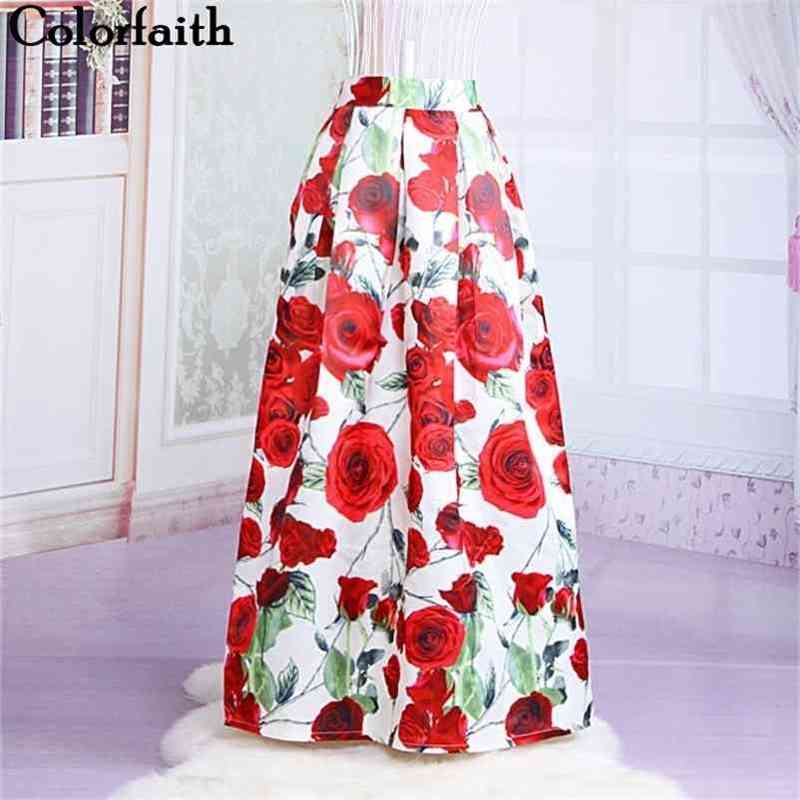 Skirts 23 Patterns Maxi Women Fashion Satin Flared Long Vintage Retro Rose Floral Print Pleated SK064 210621