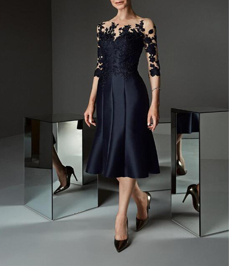 Elegant Dark Navy Short Mother Of The Bride Dresses A Line Sheer Lace Neck 3/4 Long Sleeve Tea Length Wedding Guest Party Dress Formal Wear