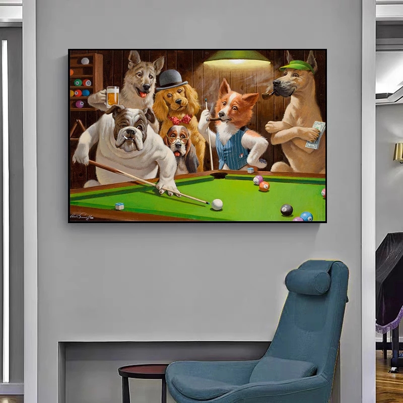 Funny Animal Poster Anime Cartoon Pet Dog Billiards Playing Balls Canvas Painting Modern Wall Art For Living Room Home Decor