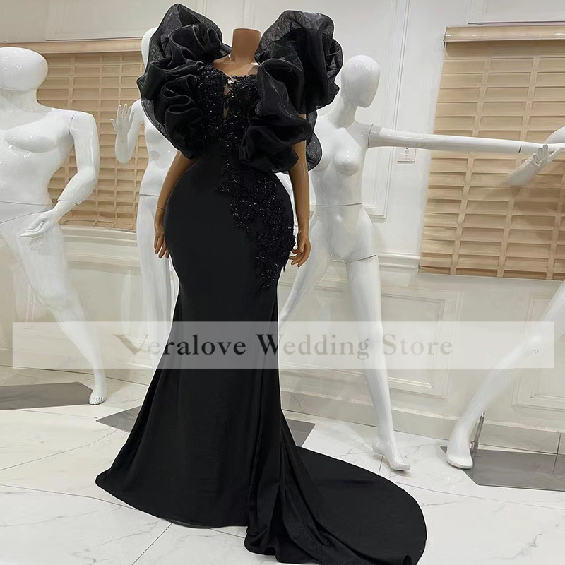 Black Prom Dress Mermaid for African 2022 Short Sleeves Sequins Sparkly robe de soirée femme Formal Evening Gowns