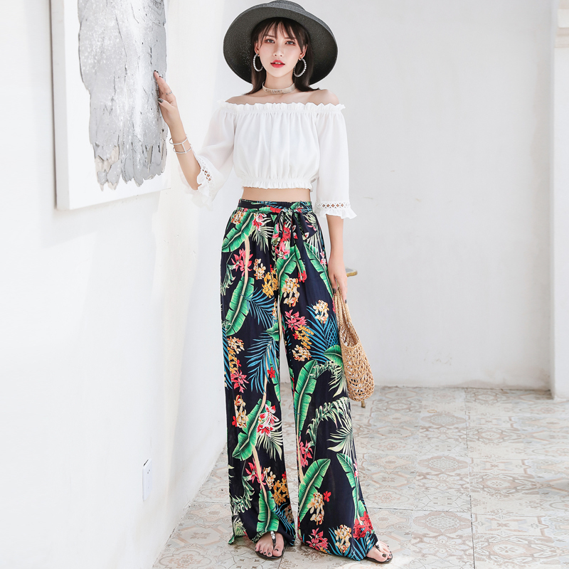 Woherb Bohemia Wide Leg Cotton Silk Pants Women Plus Size Floral Print Boho Pant Bow Bandage Trousers Seaside Holiday Beach Wear 201012