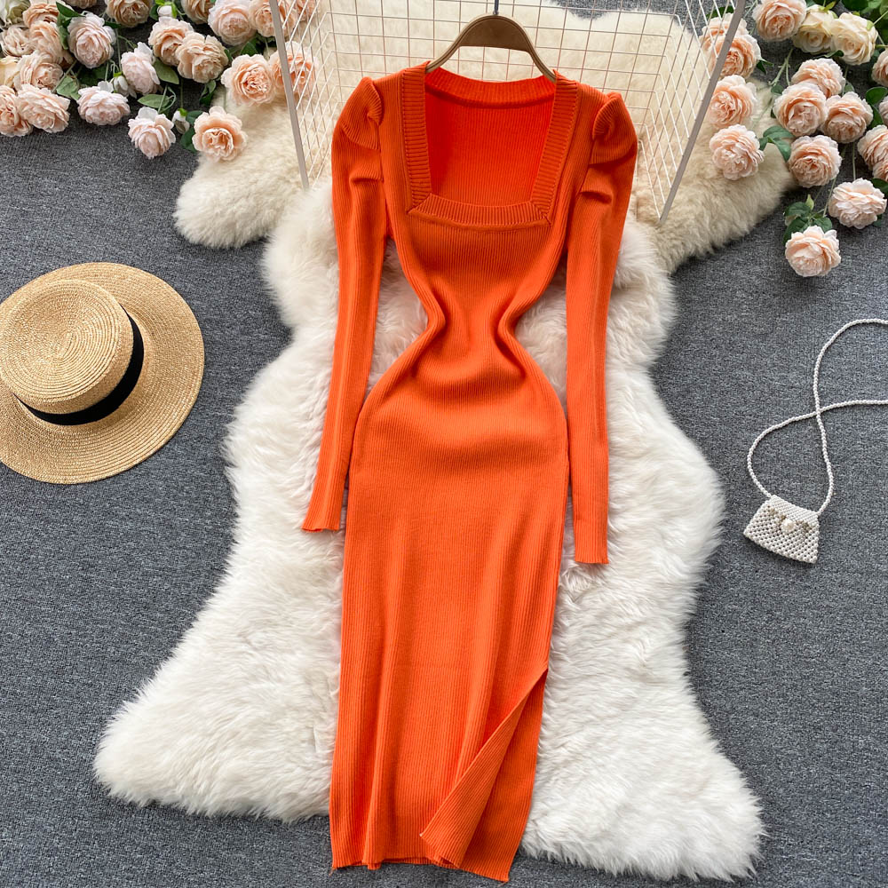 2021 New design womens square collar puff long sleeve knitted bodycon tunic side vent jag sweater dress solid color