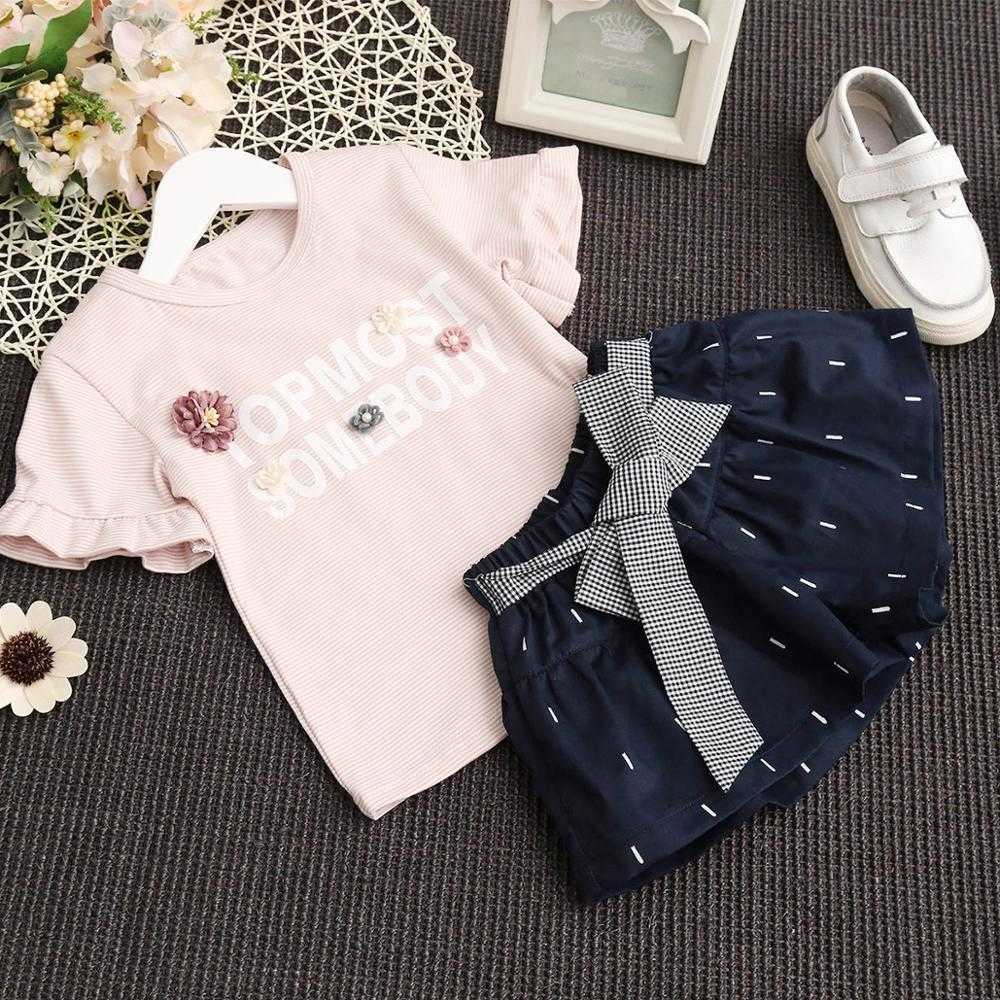 Arrivals Summer Children Sets Short Sleeve Decorative Flowers T-Shirt Bow Black Skirt Cute 2Pcs Girls Clothes 2-7T 210629