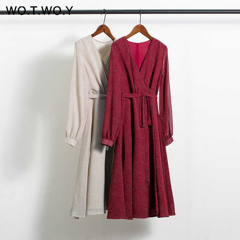 WOTWOY Bohemian Dot Print Dresse Summer Cross V-neck Sashes Mid-Calf Dress Lady Long Sleeve Button Female 210623