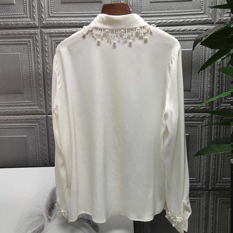 Spring White Shirt Full Fashion Bead Solid Turn-down Collar Office Lady Womens Tops 210615Z