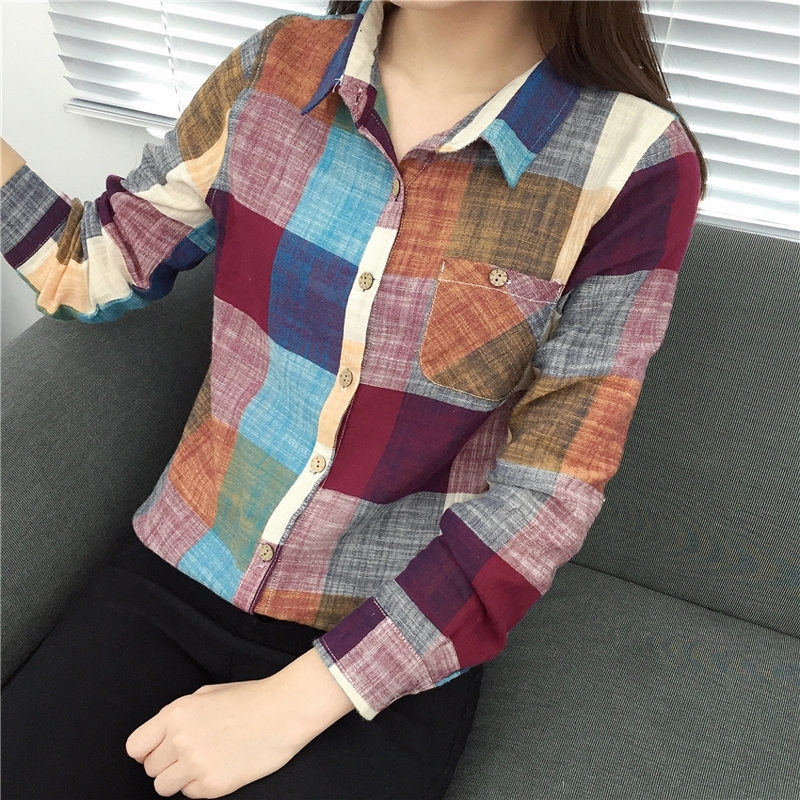 Casual Plaid Women Blouses Kimono Vintage Linen Cotton Long Sleeve Blouse Female Shirts Tops Camisa Feminina Chemise Femme T200319