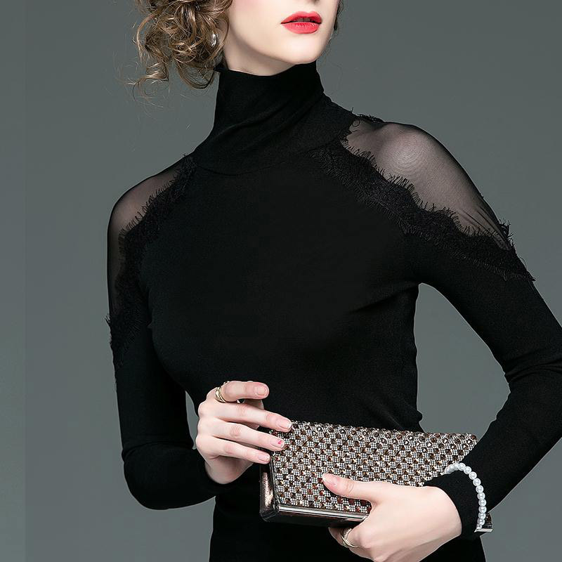 Women Spring Autumn Style Lace Blouses Shirts Lady Casual Turtleneck Off Shoulder Lace Blusas Tops DF3132 210225