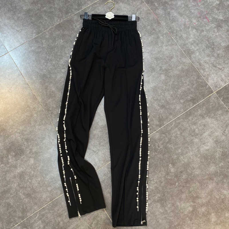 DEAT Women Black Beaded Personality Wild Straight Pants Arrivals Temperament Fashion Spring Summer 11D738 210709