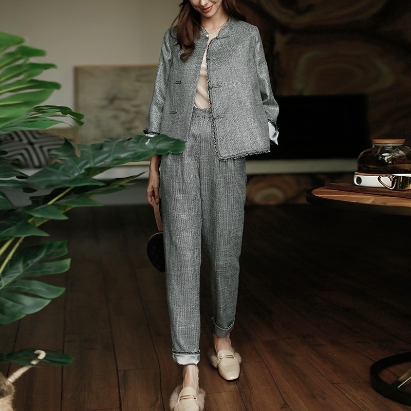 ROJAY Improved Straight Cheongsam Pants Women Chinese Style Casual Pencil Pants High-Waist Vintage Temperament T200113