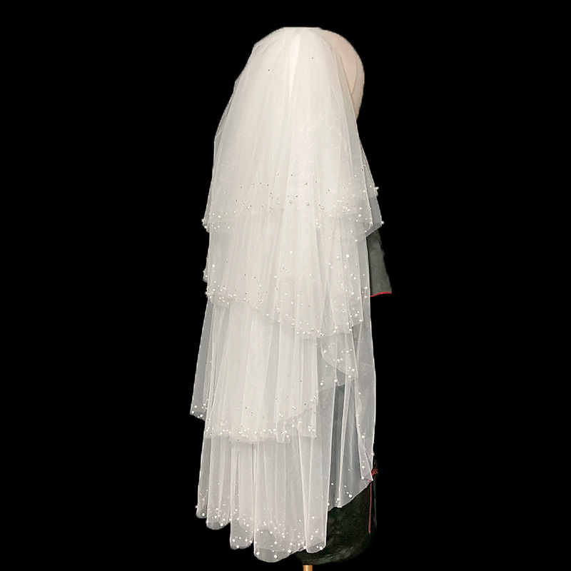 Wedding Veils Lace Appliqued Four Layer Custom Made White Pearl Veils with Comb Bride Bridal Accessories