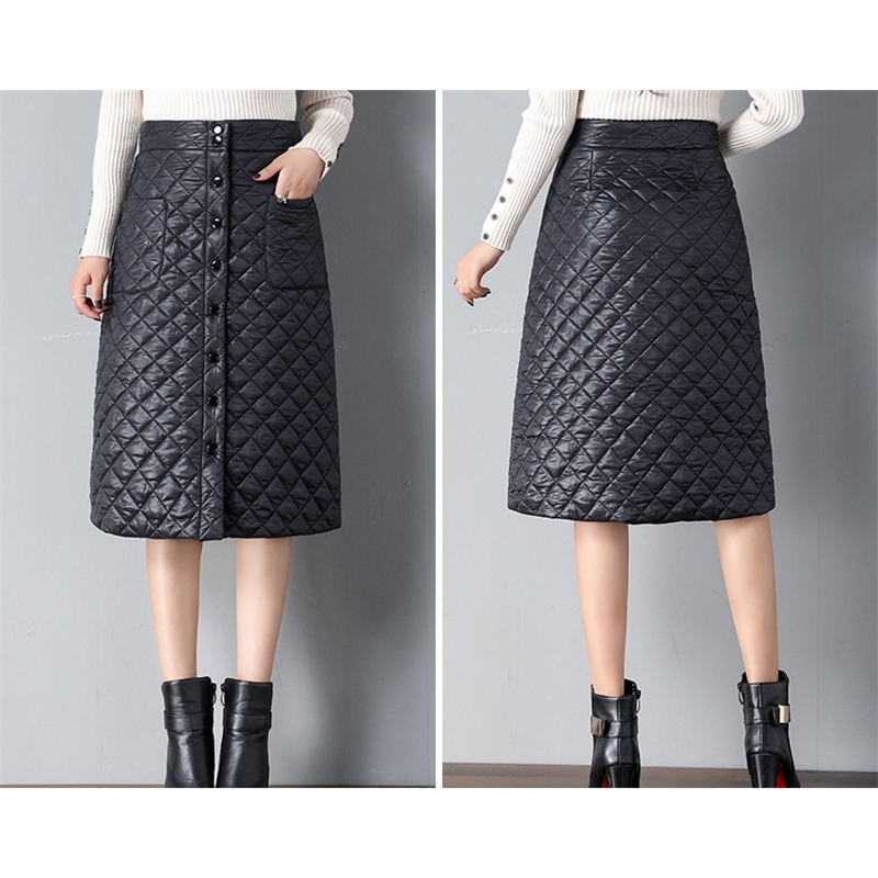 Winter Arrival Womens Rhombus Down Skirt ALine High Waist Buttons Thick And Warm KneeLength Skirt Office Lady B99610K 210306