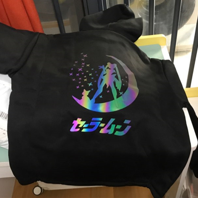 Harajuku Sailor Moon Cartoon Print Hoodie Women Loose Casual Reflective Material Long Sleeve Pullover Tops Streetwear Sweatshirt 200924